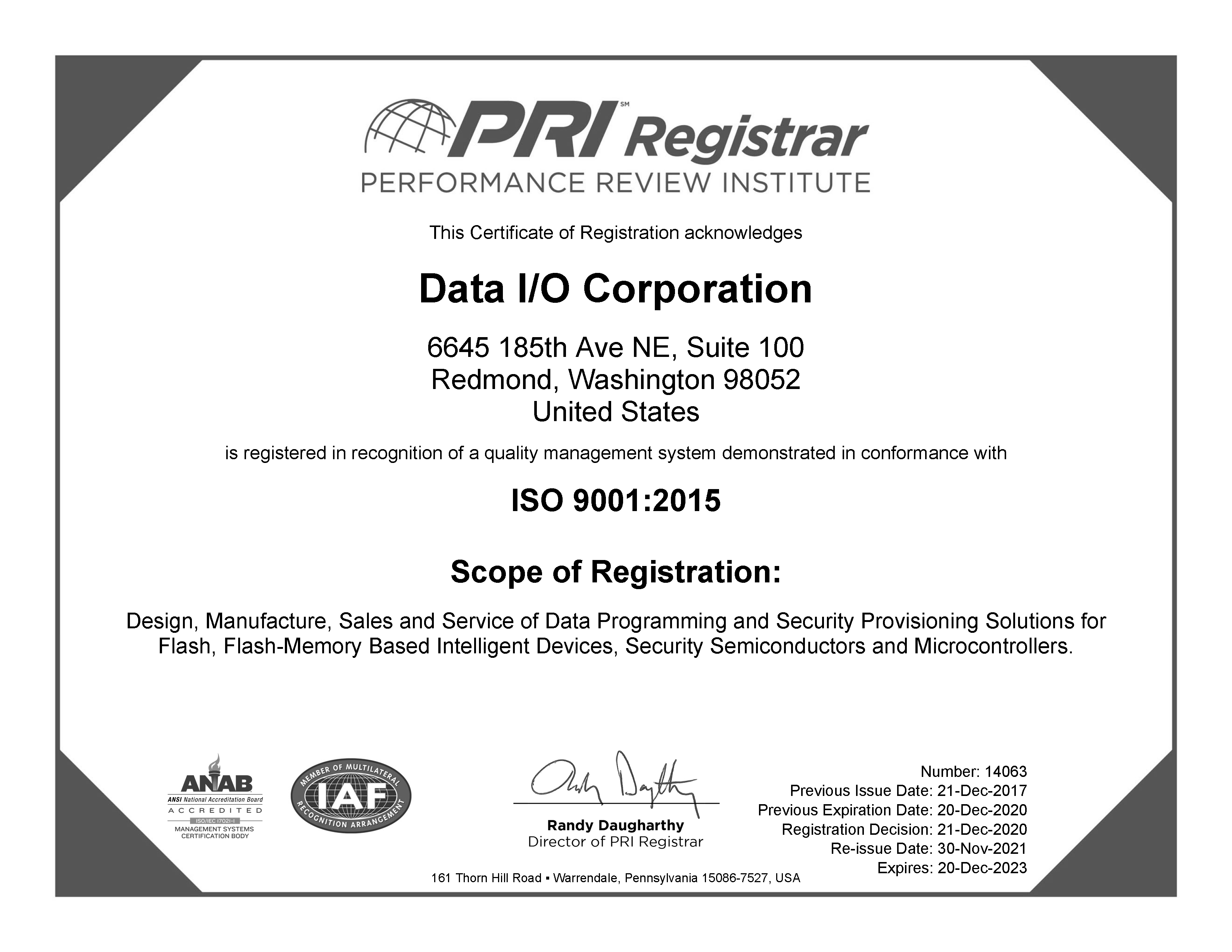 Data IO Redmond ISO 9001:2015 Certificate