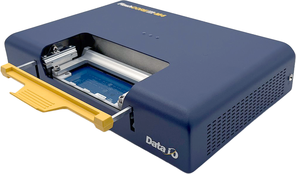 FlashCORE III-M4 4-site desktop programmer with lid open showing programming socket